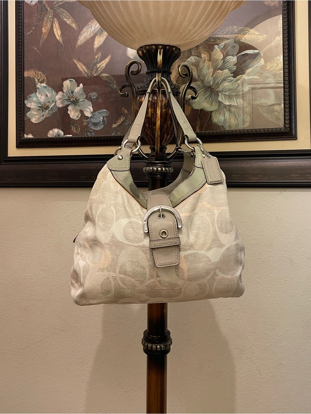 Coach Signature Canvas Hobo Bag in Beige, Light Green and Silver Hardware